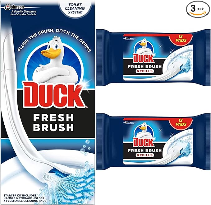 Toilet Cleaner Starter Kit Bundle Includes 1 Duck Fresh Brush With Holder and 24 Flushable Cleaning Duck Fresh Brush Refill Pads