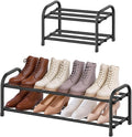 2 Tier Extendable Small Shoe Rack, Black Metal Adjustable Shoe Storage Racks for Inside Wardrobe Closet, Narrow Spaces, Hallway, Bedroom, Outdoor