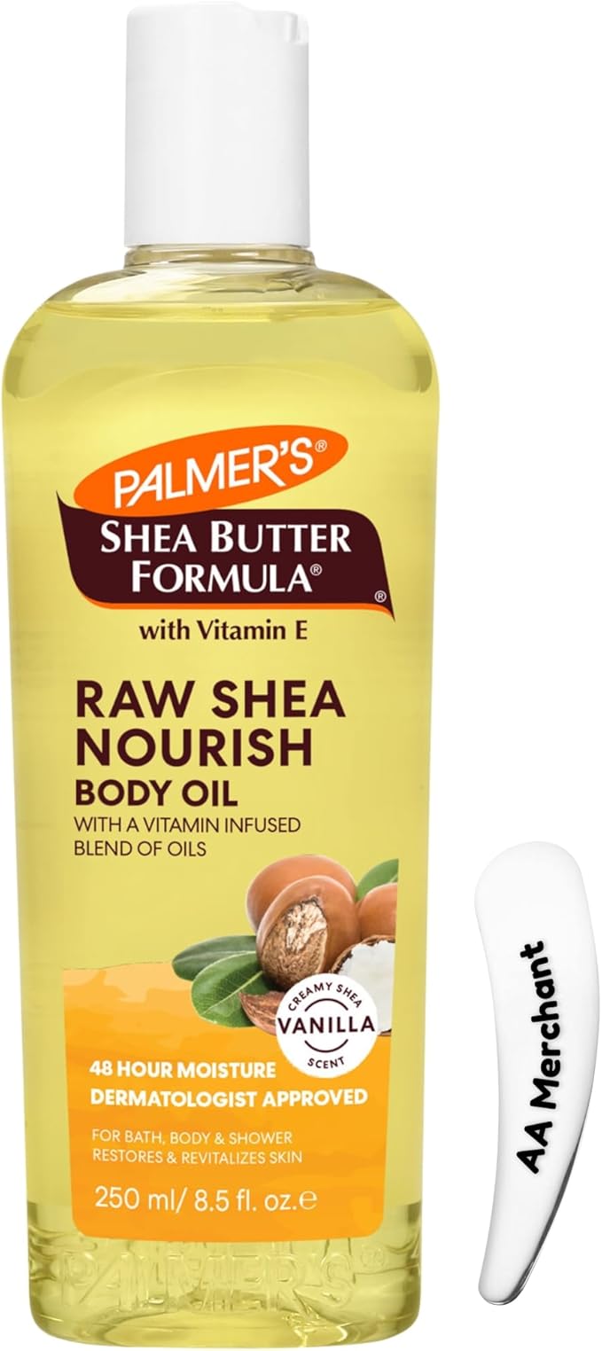 PALMER'S Shea Butter Formula Raw Shea Nourish Body Oil with Vitamin E, 250ml - Deep Moisturizing & Hydrating Body Oil for Dry Skin, Bath, Shower & Massage.(With Cosmetic Spatula)