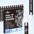 STATIONERY ISLAND Acrylic Paint Pens 12 pcs White Paint Markers Dual tip Acrylic Markers for Rock Painting Stone Glass Ceramic Wood Metal Fabric Fine & Brush Tip White Water Based Acrylic Pens