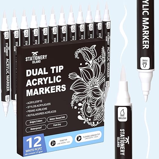 STATIONERY ISLAND Acrylic Paint Pens 12 pcs White Paint Markers Dual tip Acrylic Markers for Rock Painting Stone Glass Ceramic Wood Metal Fabric Fine & Brush Tip White Water Based Acrylic Pens