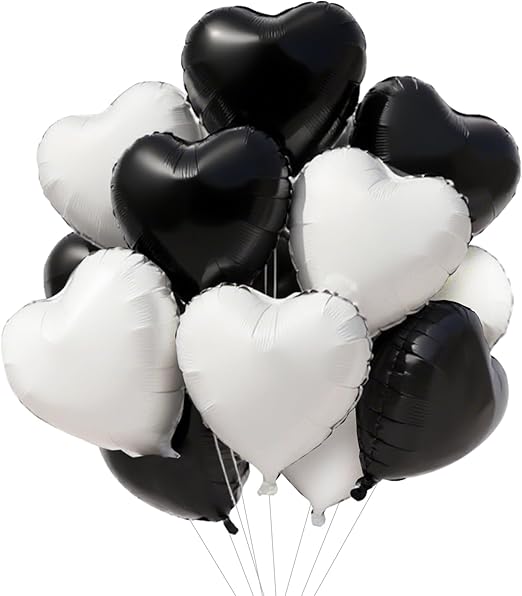 15Pcs 18 Inch Black White Heart Balloons Valentine’s Day Heart Shape Foil Mylar Balloons Decoration for Romantic Valentine's Day Wedding Bridal Shower Anniversary Engagement Party Supplies