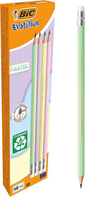BIC Evolution Pastel Graphite Pencils with Eraser and Shock-Resistant HB Lead - 4 Different Barrel Colours, Pack of 12