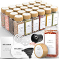 Glass Spice Jars with Lids and Labels – 24 Bamboo Lid Spice Containers - 120ml Airtight Jars with 360 White UK Designed Waterproof Pre-Printed Labels - Complete Herb, Seasoning & Spices Storage
