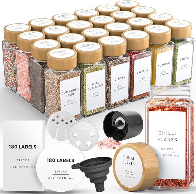 Glass Spice Jars with Lids and Labels – 24 Bamboo Lid Spice Containers - 120ml Airtight Jars with 360 White UK Designed Waterproof Pre-Printed Labels - Complete Herb, Seasoning & Spices Storage