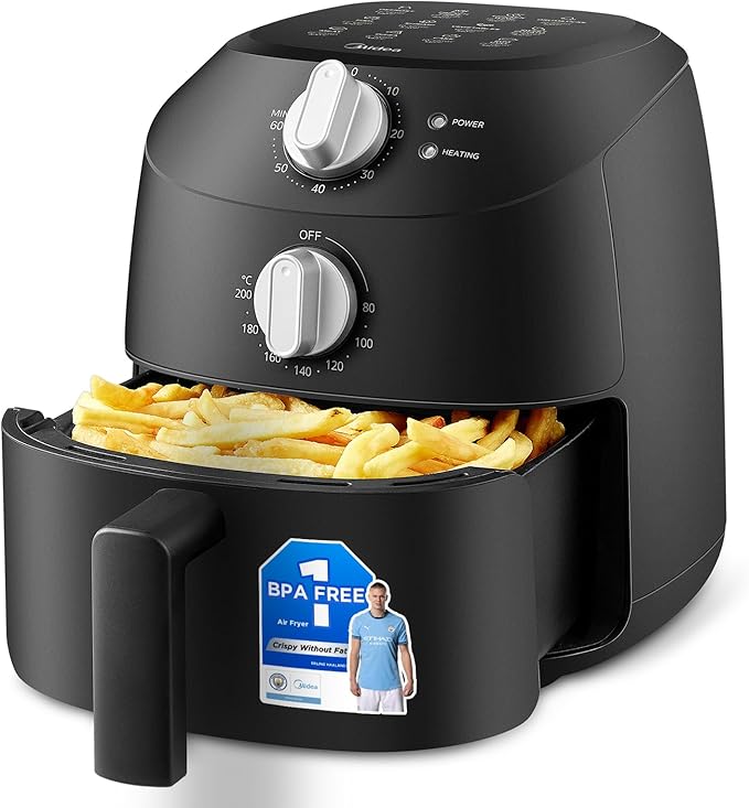 Midea Compact 2L Air Fryer – 12 Preset Menus, Adjustable Timer, 80-200°C Temperature Control, 1150W, Dishwasher-Safe Non-Stick Basket, BPA-Free, Space-Saving Design – Ideal for Small Kitchens (Black)