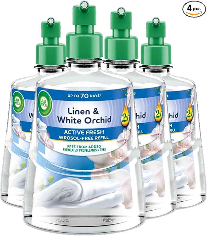 Air Wick Linen & White Orchid Aerosol-Free Automatic Spray Refill 228ml Pack of 4, Lasts up to 70 Days, Air Freshener