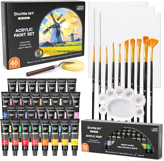Shuttle Art 46 Pack Acrylic Paints Set, 30 Colours Acrylic Paint with 10 Brushes, 3 Blank Canvas,1 Palette, 1 Sponge, Complete Craft Paint for Canvas Wood Ceramic, Art Paints for Beginners Adults