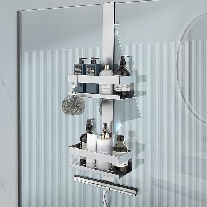Hanging Shower Caddy, SUS304 Stainless Steel Over Door Shower Shelf, Bathroom Storage No Drilling (Style A - Silver)