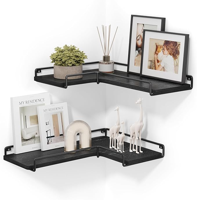 VASAGLE Floating Shelves, Set of 2, L-Shaped Corner Shelves for Wall, Corner Wall Shelf, Industrial Style, for Living Room, Bedroom, Kitchen, Black LLS831B22