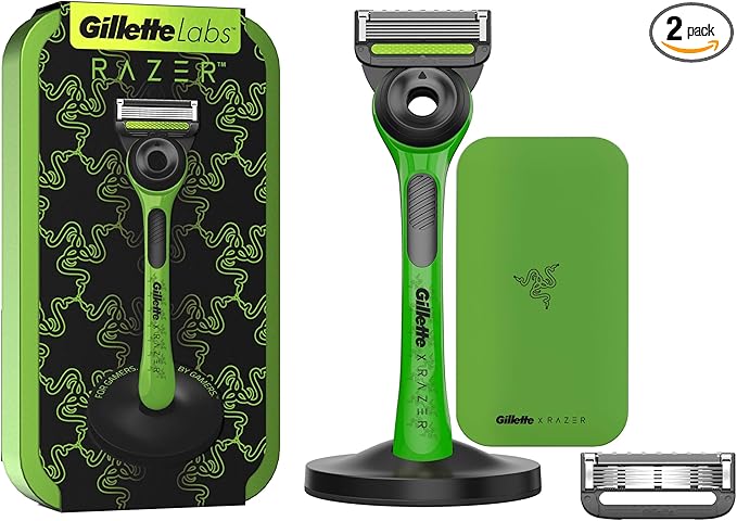 Gillette Labs with Exfoliating Bar, Razer Limited Edition, Razor and Travel Case for Storage On The Go, 1 Handle - 2 Blades, Stand, Green 2 Count