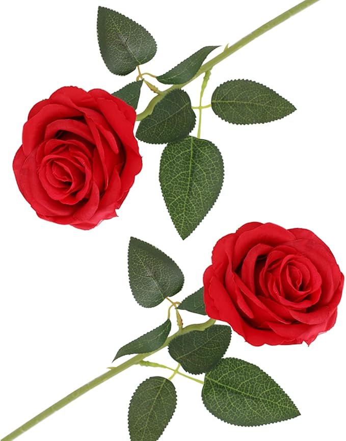 2PCS Red Artificial Rose Flowers, Artificial Rose with Stem, Realistic Decorative Flowers for Wedding, Home, Garden, Birthday Party Decoration (Red)
