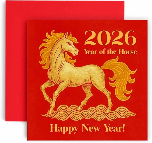 Huxters 2026 Lunar New Year Greeting Card, Year of the Horse Design, Red and Gold Premium Card with Envelope, Traditional Chinese Festival Celebration (Horse 1)