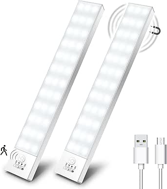 OUILA 36 LED Under Cabinet Lights, 5000K Motion Sensor Cupboard Light Wireless USB Rechargeable 1000mAh Night Light with Magnetic Strip for Stairs, Wardrobe, Hallway, Kitchen, Garage-2 Packs