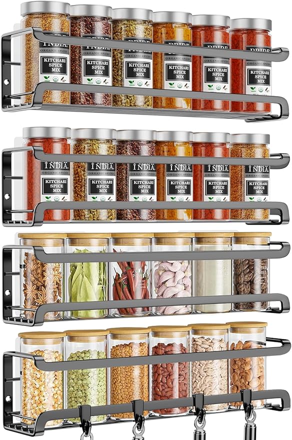 Spice Rack Wall Mounted 4 Pack, Space-Saving Spice Organiser for Spice Jars And Seasonings, Adhesive Hanging Spice Racks Organizers For Inside Cupboard, Kitchen Door Storage Shelf
