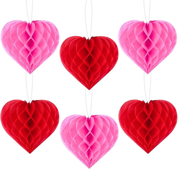 6 Pcs Pink and Red Hanging Heart Valentines Day Decorations, 5 Inch 3D Love Heart Paper Decorations, Photo Props for Valentine Wedding Anniversary Mother's Galentines Party