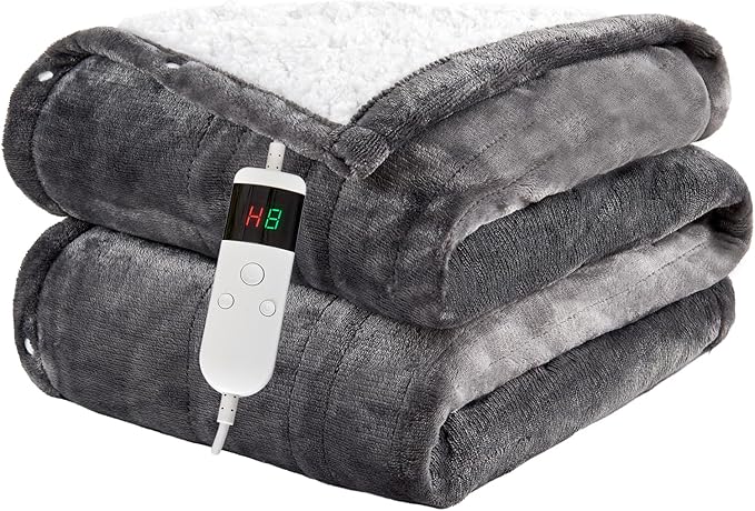 Heated Throw Electric Blanket, 10 Heating Settings, 1-8h Timer overheat Protection, Machine Washable, Flannel & Sherpa Full Body Warming, Electric Throw Blanket for Sofa