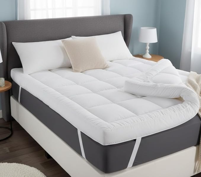 Adam Home Microfiber Quilted Mattress Topper Double Bed 4 Inch / 10cm Fluffy and Hypoallergenic, Thick White, Hotel Quality Extra Soft, Stronge Elasticized Corner Straps (135 x 190 + 10cm)