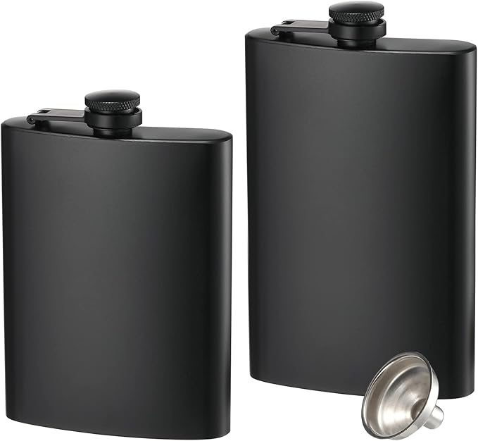 2 Pack Hip Flasks for Liquor, 8 Oz & 12 Oz Stainless Steel Leakproof Thin Flasks with Funnel for Men & Women (Matte Black)