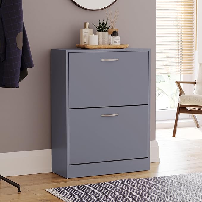 Vida Designs Shoe Cabinet, Wooden Shoe Storage Unit with 2 Pull-Down Drawers, Multifunctional Dust-Proof Space-Saving Slim Cupboard for Hallway or Entryway (Grey)