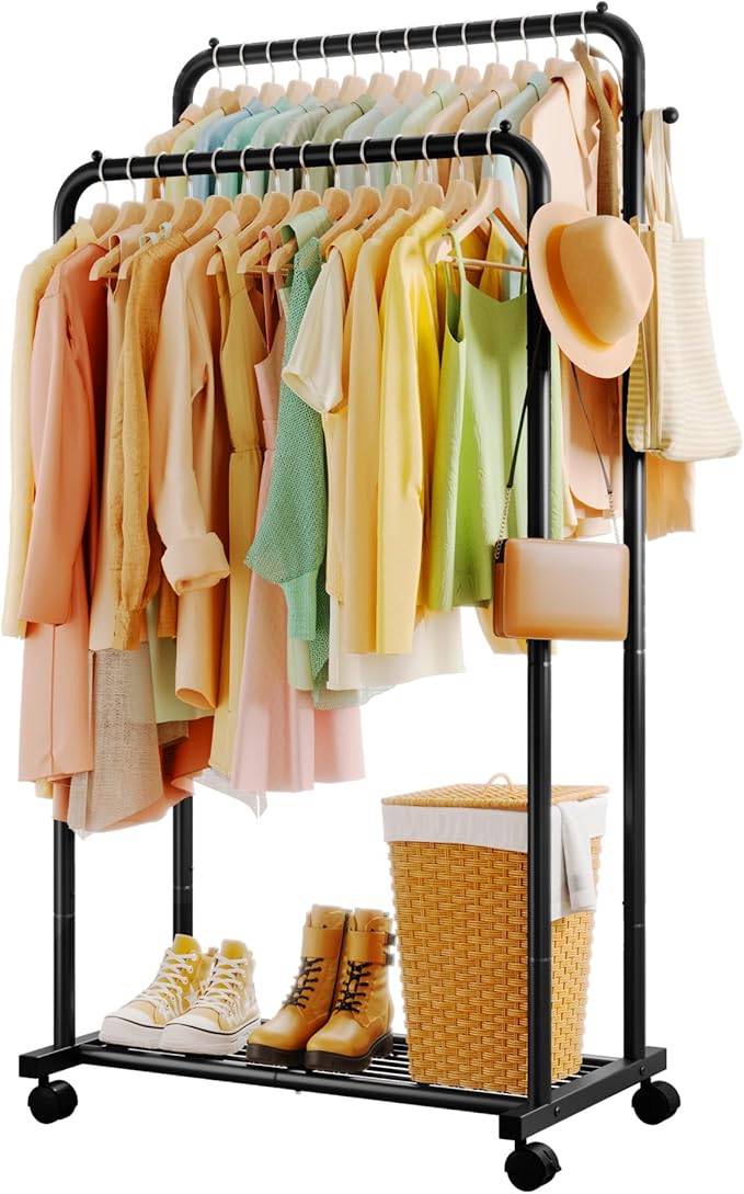 Clothes Rail - Double-Rod Rustproof Clothes Rack with Anti-Slip Stoppers, Shoes Shelf and Hooks, Multifunctional Hanging Rack for Laundry, Entryway, Bedroom, Shop, 73 x 42 x 150 cm, Black