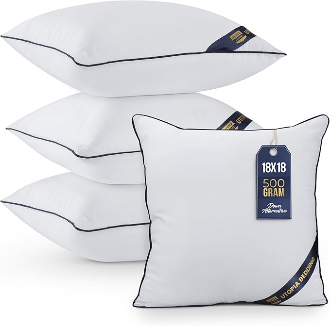 Utopia Bedding Throw Pillow Inserts (Pack of 4, White), 18 x 18 Inches Decorative Indoor Pillows for Sofa, Bed, Couch, Cushion Sham Stuffer
