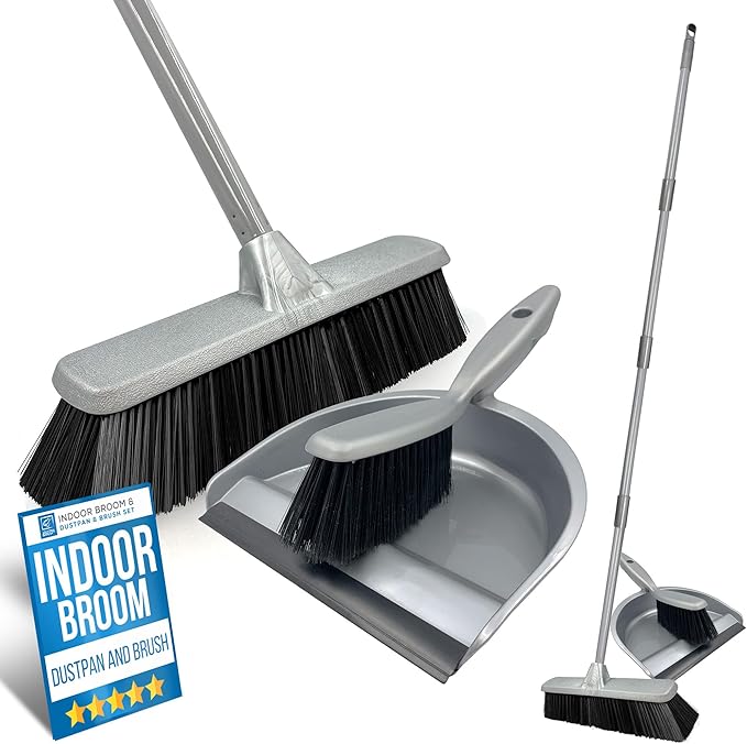 Indoor Broom with Dustpan and Brush Set for Cleaning Laminate, Tile, Wood, Vinyl Flooring - 4pc Durable, Long Handle, No Bending, Rubber Lip Dust Pan and Brush