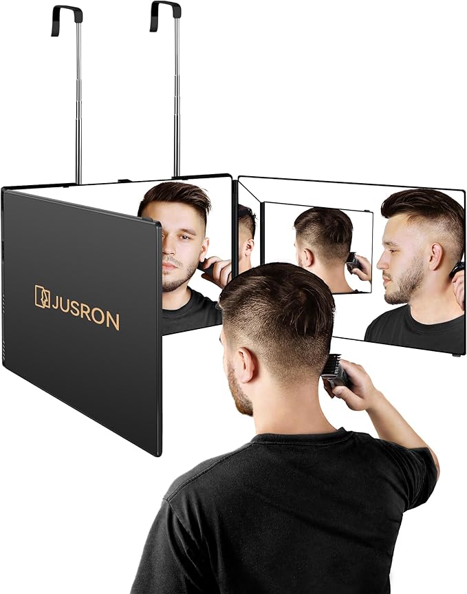 JUSRON 3 Way Mirror for Self Hair Cutting, 360 Trifold Barber Mirrors Sided Makeup to See Back of Head, Used Coloring, Braiding, DIY Haircut Tool is Good Gift Men/Women (Without LED), Black