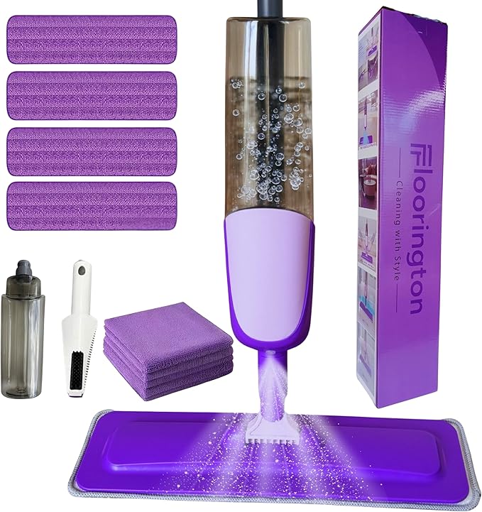 Spray Mop for Floor Cleaning Wet & Dry Microfiber Mop with 550ML Refillable Bottle, 4 Washable Pads, 4 Microfibre Cloth and 1 Scraper Perfect for Home, Kitchen, Hardwood, Tile Floors PS08