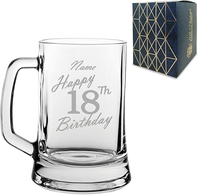 Personalised Engraved Tankard Beer Mug Stein Happy 18th Birthday Handwritten Design Gift Boxed, 16.75oz/495ml Classic Beer Glass, Any Name, Engraved in The UK