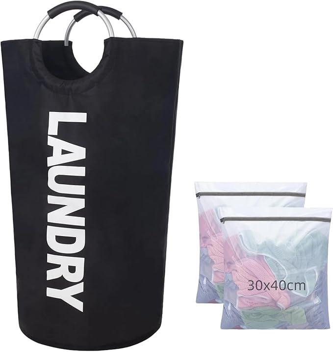 Laundry Bags Set: 2 Zip Mesh Wash Bags & 1 Large Collapsible Basket. Reusable for machine washing clothes, socks, underwear, bras. Ideal for laundry room, bathroom, bedroom, dorm.