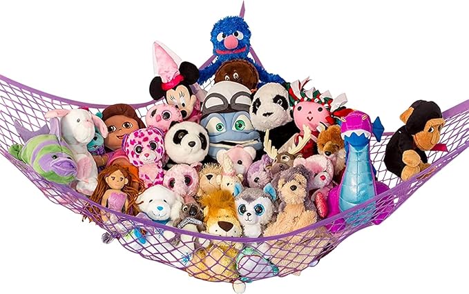 Lilly's Love Large Stuffed Animal Hammock | Corner Hanging Organizer, Stuffed Animal Storage | Easy to Hang Plushie Net w/Included Anchors & Hooks | Cute Room & Bedroom Decor (Purple)