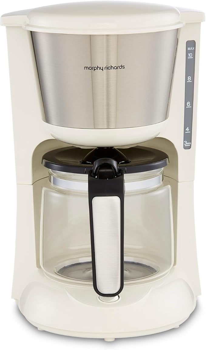Morphy Richards Equip Filter Coffee Machine, Pour Over Technology, 10 Cup Capacity, Fast Brew, Anti Drip, Easy Clean Reusable Filter, Keep Warm, Aroma Blender, Cream and Stainless Steel,162504