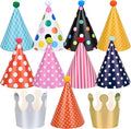 11pcs Cone Party Hats with Pom Poms, Cake Birthday Party Hats for Children, Girls, Boys, Adults, Decorations (9 Hats + 2 Crowns)