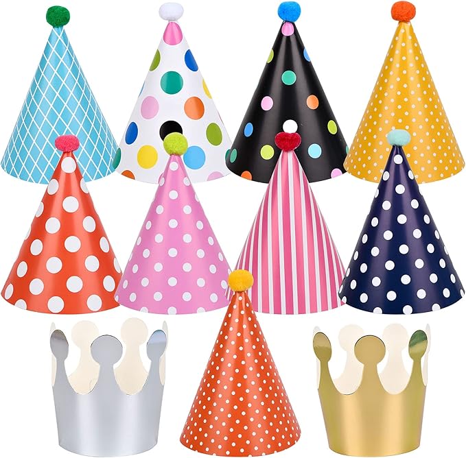 11pcs Cone Party Hats with Pom Poms, Cake Birthday Party Hats for Children, Girls, Boys, Adults, Decorations (9 Hats + 2 Crowns)