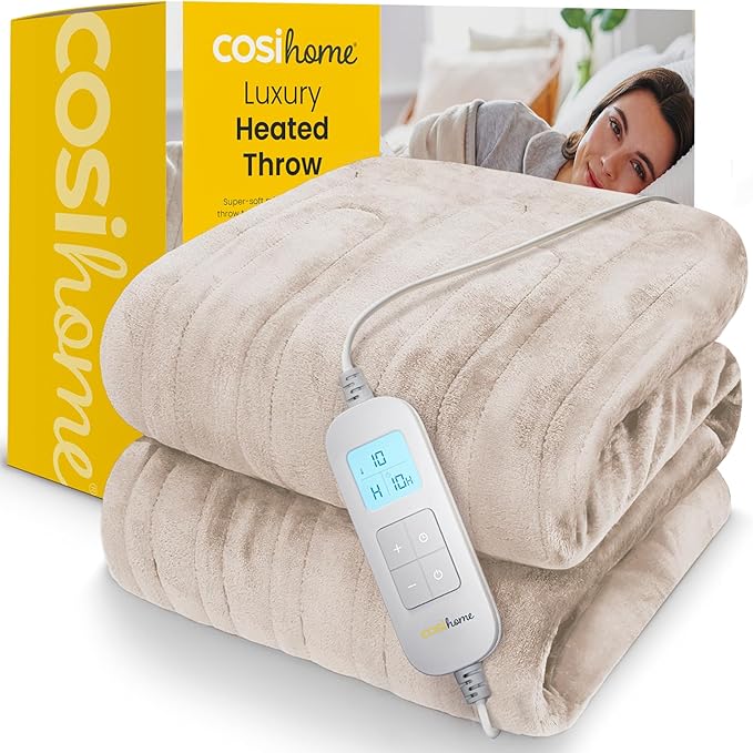 Cosi Home® Luxury Heated Throw - Electric Blanket - Extra Large Heated Blanket, Machine Washable Fleece with Digital Remote, 10hr Timer and 10 Heat Settings (Cream)