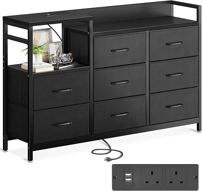 ODK Black Chest of Drawers Bedroom, Contains 2 USB & 2 AC Ports Sockets, Storage Dresser with 8 Fabric Drawers Suitable for Bedrooms, Living Rooms