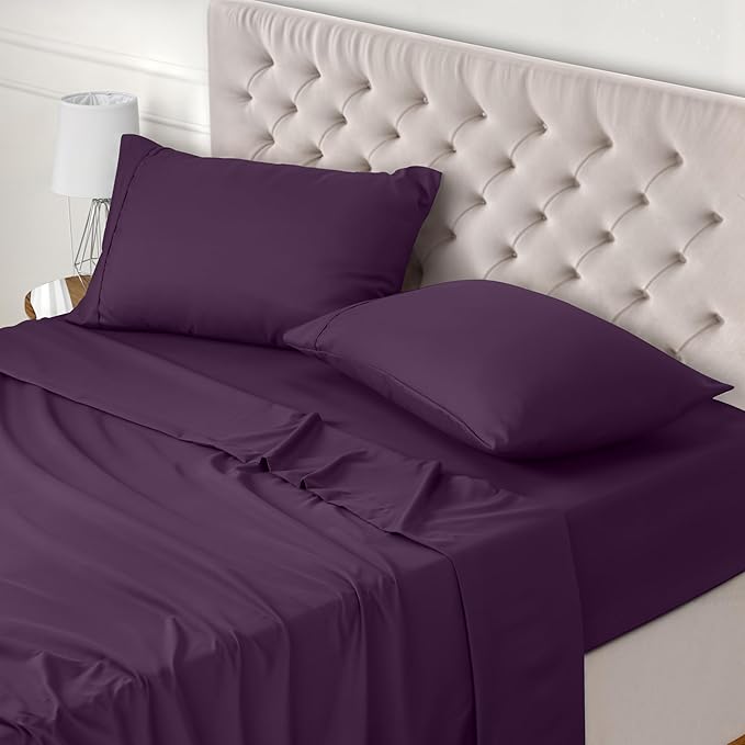 Utopia Bedding Bed Sheet Set Double, Purple, 4 Piece – Fitted Sheet, Flat Sheet with 2 Pillow Cases 50x75 – Wrinkle, Shrinkage & Fade Resistant – Oeko-Tex Certified, Polyester Microfiber Fabric