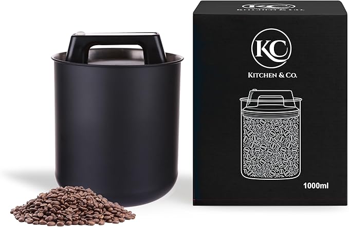 KC Kitchen & Co. Airtight Coffee Canister for 250 g Coffee Beans - Stainless Steel Storage Jar with Vacuum Lid & Aroma Seal - Storage Jar for Coffee, Tea, Sugar, Cereal - Matte Black (1000 ml)