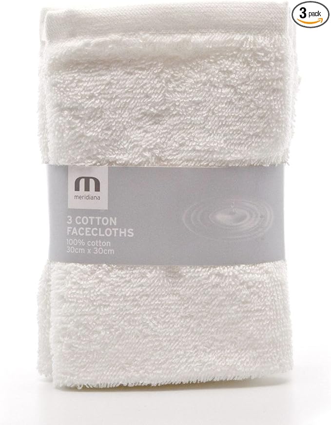 Meridiana Super Soft 100% Cotton Family Washcloths. Machine Washable. White. 3 Pack. 30cm X 30cm X