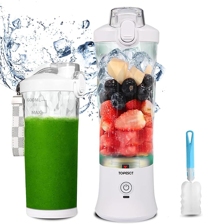 600ml Portable Blender USB Rechargeable, TOPESCT Waterproof Personal Blender for Shakes and Smoothies, 270W Strong Cutting Power with 6pcs 3D Blades for Travel, Office & Sports(White)