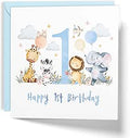 Happy 1st Birthday Card for Boys, Cute Safari Animals (Blue)