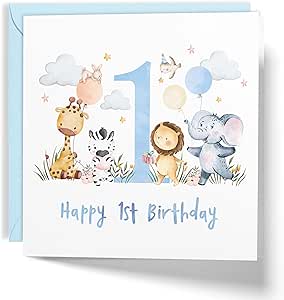 Happy 1st Birthday Card for Boys, Cute Safari Animals (Blue)