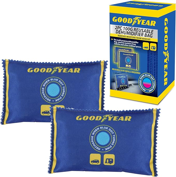 Goodyear 2pc 100g Reusable Dehumidifier Bags – Heavy-Duty Moisture Absorbers for Vehicles, Boats & Small Confined Spaces, Eco-Friendly with No Refills Needed, Blue