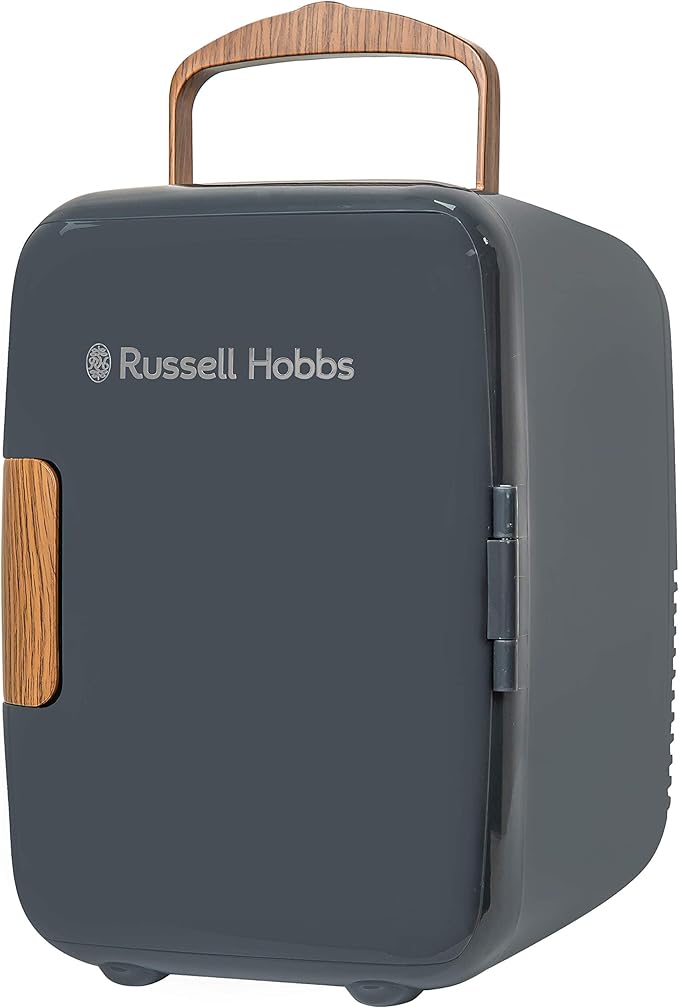 Russell Hobbs RH4CLR1001SCG 4L/6 Can Mini Portable Cooler & Warmer for Drinks, Cosmetics/Makeup/Skincare, AC/DC Power, Scandi Style, Grey & Wood Effect, For Bedroom, Home, Caravan, Car[Energy Class A+]