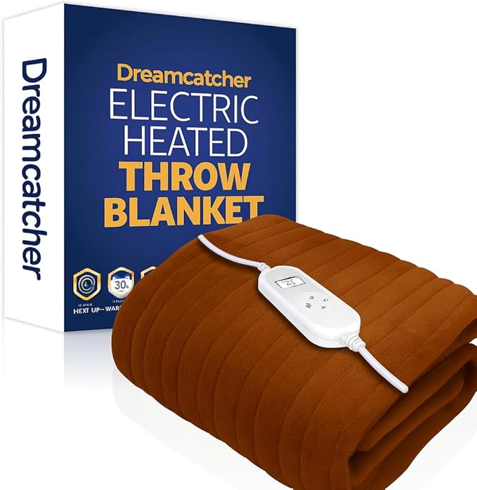 Dreamcatcher Brown Heated Throw Electric Blanket, 160 x 120cm Heated Blanket Machine Washable Soft Fleece Electric Throw Overblanket with 12HR Timer and 9x Control Heat Settings