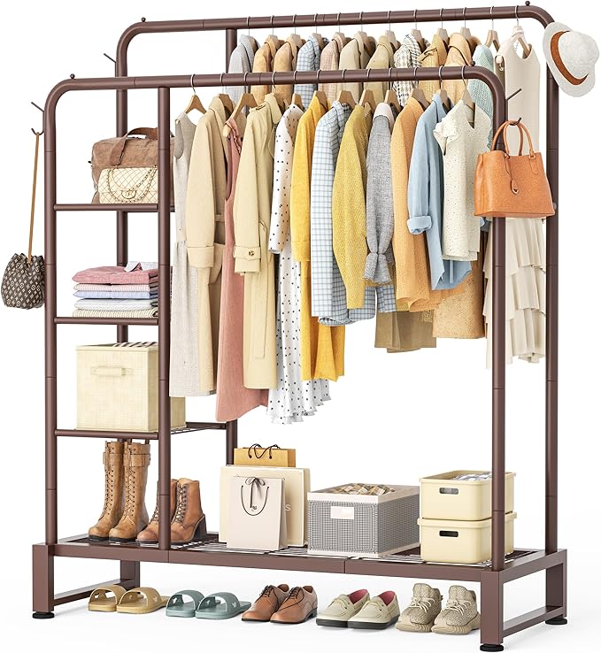 HOMIDEC Clothes Rail,Double Rail Clothes Rack with 4 Storage Shelves,Heavy Duty Metal Clothing Rail Supports to 80kg,Multifunctional Clothes Storage for Bedroom,Office,Shop(Brown).