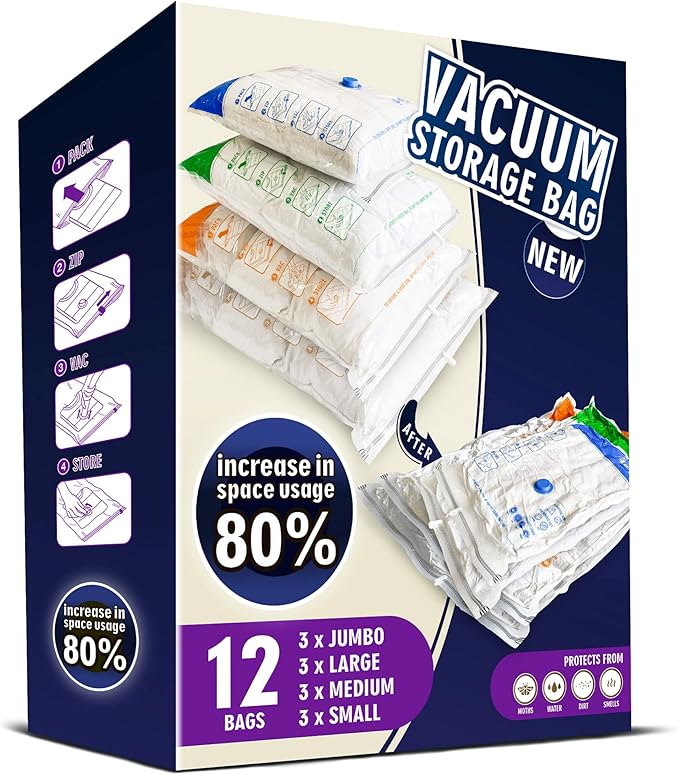 Storage Master Space Saver Bags for Travel and Home Reusable Vacuum Storage Bags Save 80% More Storage Space Work with Vacuum Cleaner (12 Pack, No Pump Included)