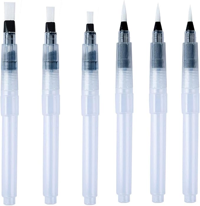 Refillable Watercolour Brush Pens Set: 6 Pcs Water Paint Brush with Refillable Reservoir - Water Brushes with Fine, Medium, and Large Tips for Watercolour Painting, Sketching