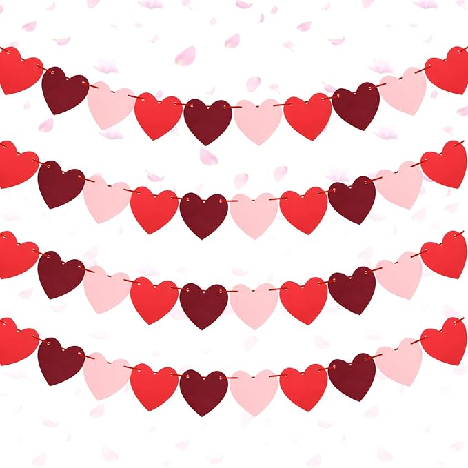Valentines Bunting - Valentines Day Decoration Banner, Red and Pink Heart Shape Hanging Decoration, NO DIY Valentine's Day Heart Felt Garland for Valentine's Day Anniversary Wedding Party (4 Pack)